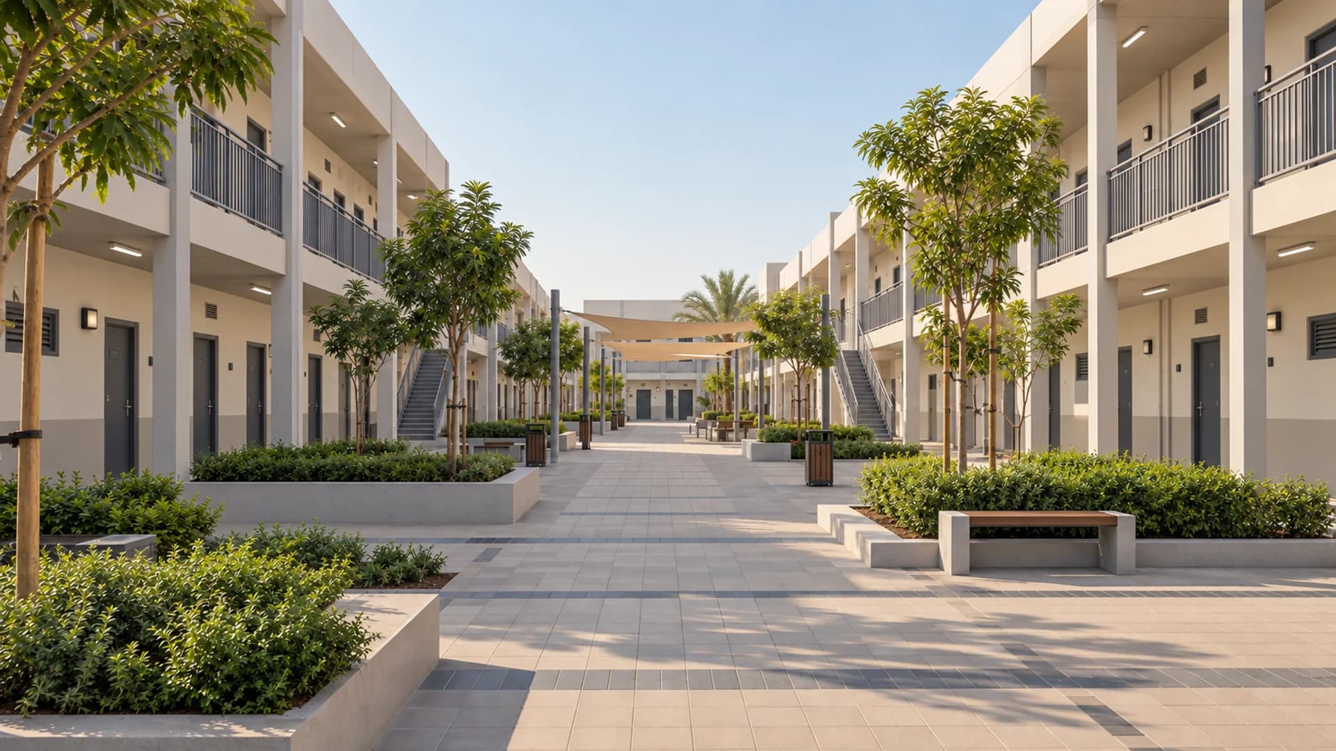 Orderly low-rise workforce accommodation buildings in the UAE