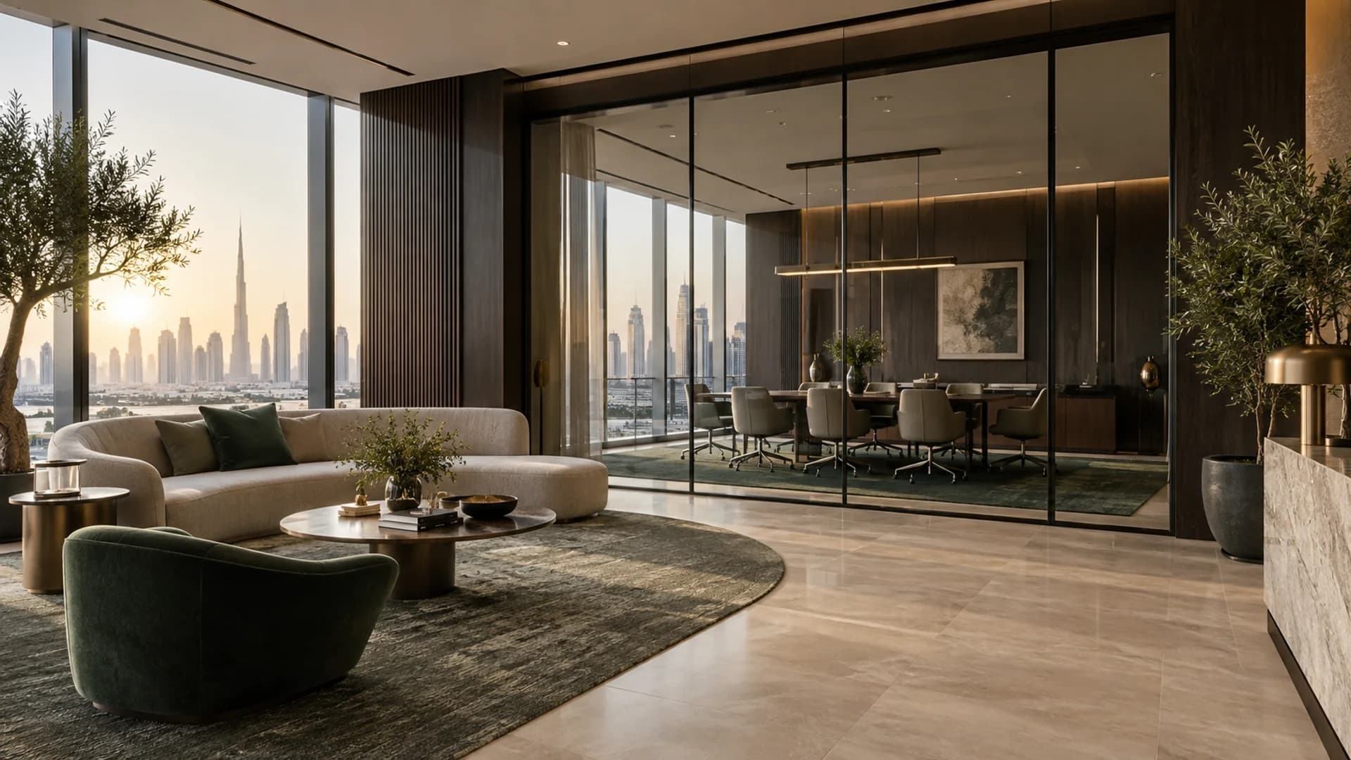 Contemporary office lounge and meeting room overlooking Dubai