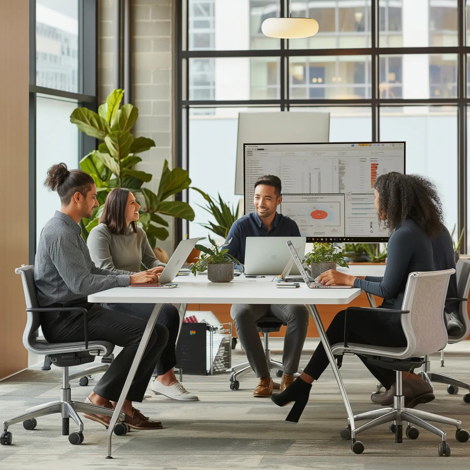 Team collaborating in a shared office environment